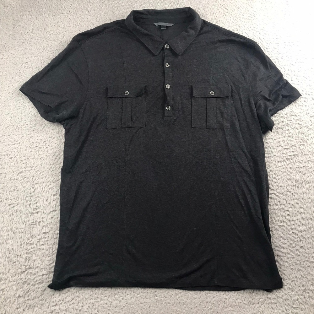 John Varvatos Polo Shirt Men XL Gray 100% Linen Short Sleeve Dual Pockets